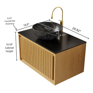 English Elm KOLAS 30" Bathroom Vanity with Sintered Countertop, Wall-Mount Plywood Cabinet, Soft-Close Drawer Black,Oak W2615S00259