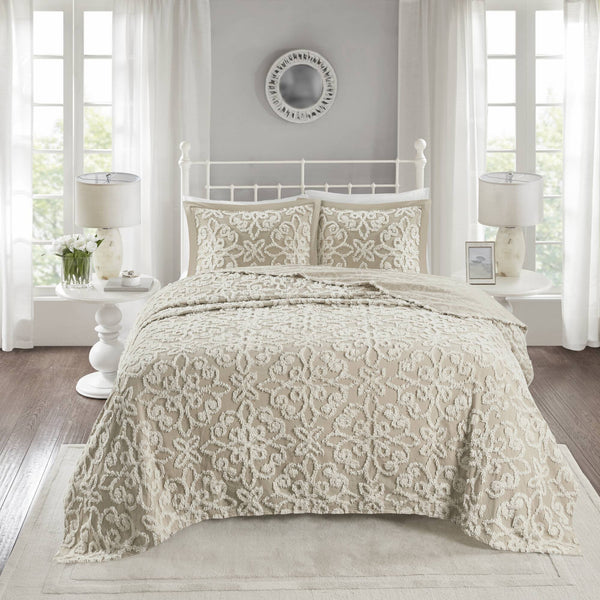 JLA Home Madison Park - 3 Tufted Cotton Chenille Bedspread Set – Oversized Shabby Chic Floral Medallion, Breathable OEKO-TEX Comfort 118 L x 120 W x 0.25H MP13-7125