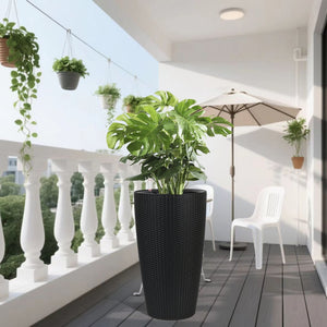 English Elm Set of 2 Faux Rattan Tall Outdoor Planters with Auto Watering and Water Level Monitor Black W3213P325373