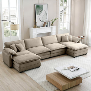 English Elm Over oversized U Shape Corduroy Sofa with Memory Foam Comfort, Modern Retro 4-Seater + Ottomans, Plush Upholstery Camel W714S00722