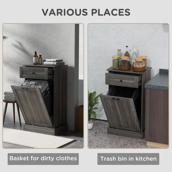 English Elm HOMCOM Tilt-Out Kitchen Trash Cabinet with Drawer and Oak Top Space-Saving Pet-Safe Organizer Gray W2225P229589