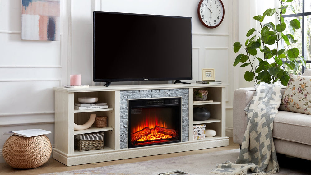 English Elm Large Faux Stacked Stone TV Desk Storage Rack with 23" Fireplace Insert, White Media Console, 75" TV Ready, Ample Storage, Adjustable Shelves, Cable Management W1758S00014