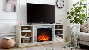 English Elm Large Faux Stacked Stone TV Desk Storage Rack with 23" Fireplace Insert, White Media Console, 75" TV Ready, Ample Storage, Adjustable Shelves, Cable Management W1758S00014