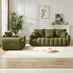 English Elm 3 Plus 1 Seater Teddy Fleece Sofa Set Wooden Frame Foam Spring Living Room Pair Green W1193S00187