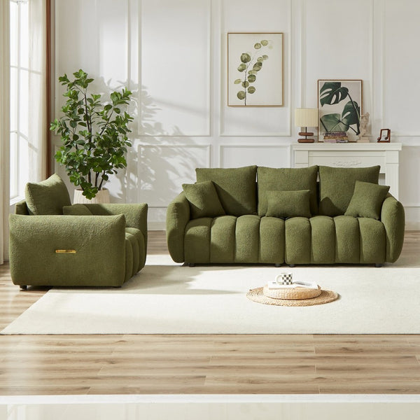 English Elm 3 Plus 1 Seater Teddy Fleece Sofa Set Wooden Frame Foam Spring Living Room Pair Green W1193S00187