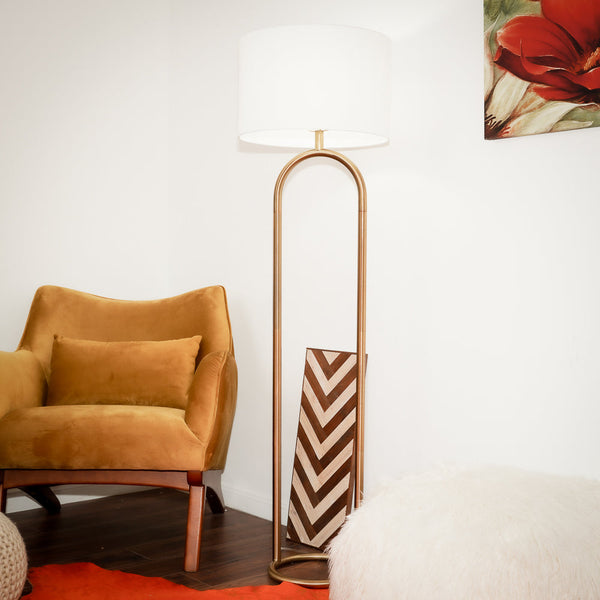 English Elm Ashcroft Furniture - Vivid Brass Ring Floor Lamp with Large White Drum Shade, Antique Brass Finish, Elegant Ambient Light B183P231762
