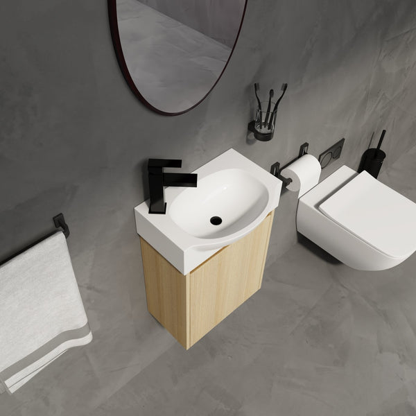 English Elm 16" Bathroom Vanity Sink Combo for Small Spaces — Compact Engineered Wood Cabinet with Ceramic Basin, Moisture-Resistant Finish and Hidden Handle, Easy Assembly Oak W1972P190339