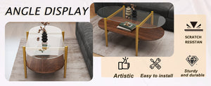 English Elm Oval glass coffee table with tempered top & MDF shelf, tapered legs, rounded edges, modern wood-tone décor storage W1727P356428