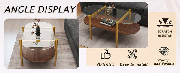 English Elm Oval glass coffee table with tempered top & MDF shelf, tapered legs, rounded edges, modern wood-tone décor storage W1727P356428
