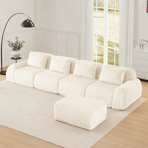 English Elm 146" Modular L-shaped Sectional Flannelette Sofa with Ottoman Tool-free Living Room Setup Cream W714S01522