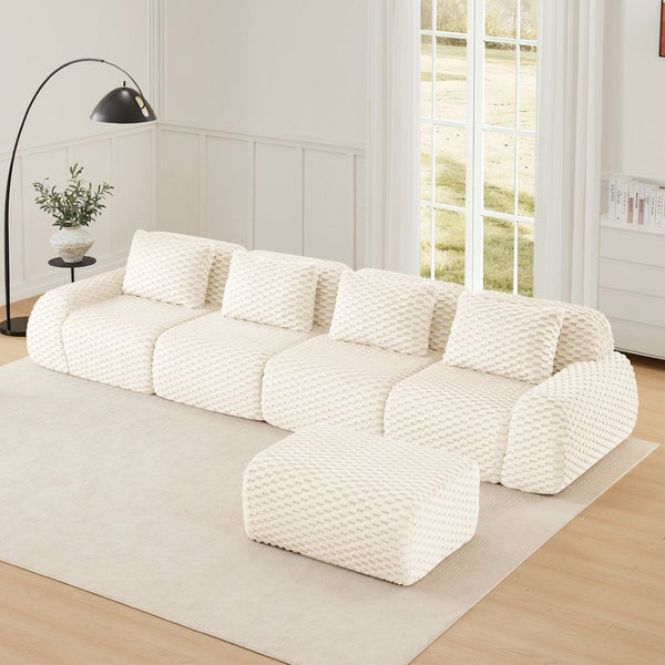 English Elm 146" Modular L-shaped Sectional Flannelette Sofa with Ottoman Tool-free Living Room Setup Cream W714S01522