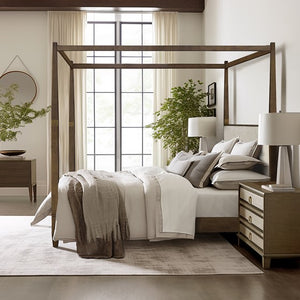 English Elm Canopy Queen Bed Brown Upholstered Canopy Frame Solid Wood Blend, Foam-Padded Headboard, Elegant Design B035S00062