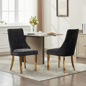 English Elm Rayon High Back Dining Chair Set with Plush Flocking Upholstery, Golden Stainless Legs, Comfort-Focused Design Black W1143P293315