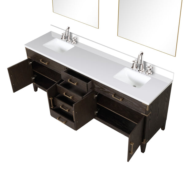 English Elm Brown Oak Double Bath Vanity Set With White Quartz Top, Chrome Faucets & 36" Mirrors For Elegance B2731S01879