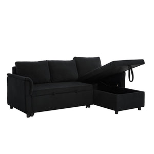 English Elm Loveseat Sectional Sleeper Sofa with Corduroy Tufted Upholstery Storage Chaise Reclining Black W2186S00011