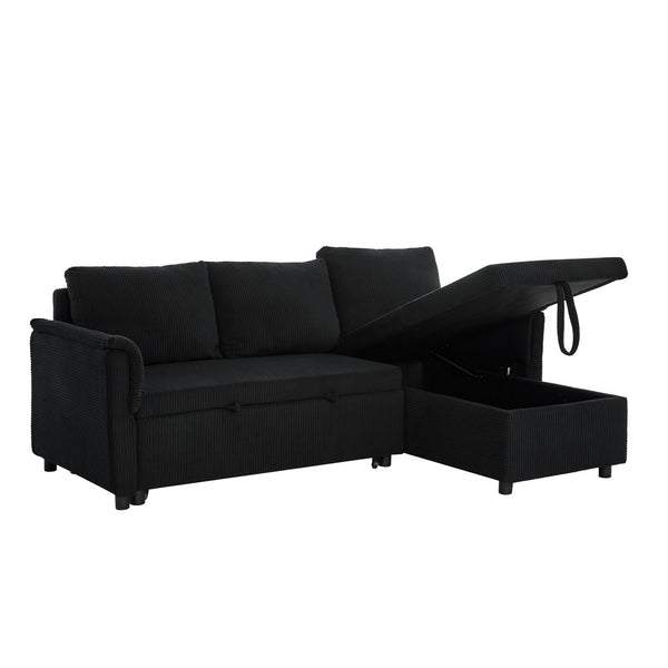English Elm Loveseat Sectional Sleeper Sofa with Corduroy Tufted Upholstery Storage Chaise Reclining Black W2186S00011