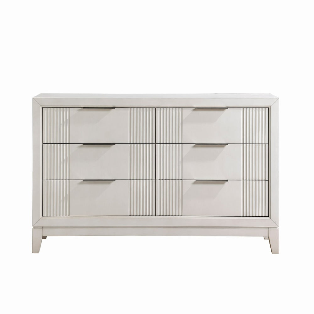 English Elm Antique White Six Drawer Dresser Reeded Fronts Chrome Pulls Modern Bedroom Storage B011P246248