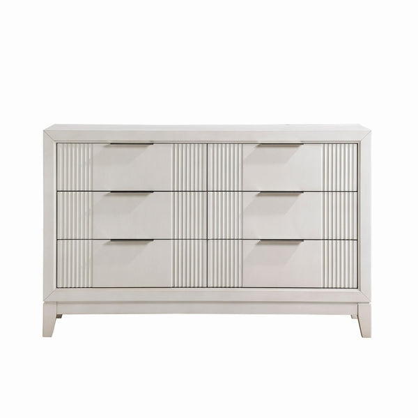 English Elm Antique White Six Drawer Dresser Reeded Fronts Chrome Pulls Modern Bedroom Storage B011P246248