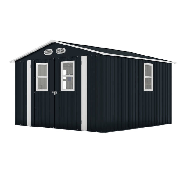 English Elm Outdoor Metal Storage Shed 8x8 Ft with Four Windows and Lockable Double Doors Dark Gray W1598S00041