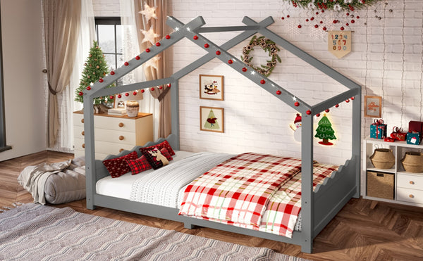 English Elm Twin House Frame Floor Bed Solid Pine Kids Room Montessori Low Profile Play Nook Gray W1580P387843