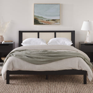 English Elm Walker Edison - Boho Solid Rubberwood Rattan Headboard Bedframe in Black — Platform Design, Coastal Modern Appeal Queen B185P326689