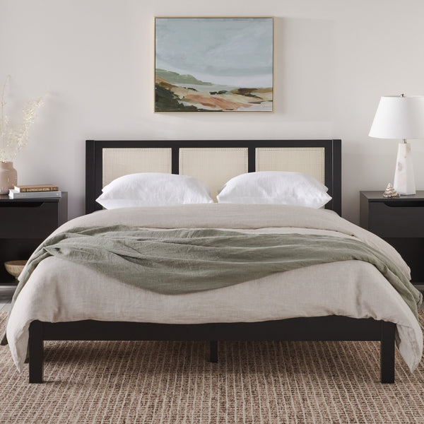 English Elm Walker Edison - Boho Solid Rubberwood Rattan Headboard Bedframe in Black — Platform Design, Coastal Modern Appeal Queen B185P326689