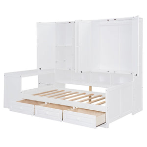 English Elm Twin Size Daybed With Storage Drawers, Desk & Shelves - Stylish Space-Saving Furniture In White N820S00054K-GIGA