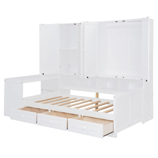English Elm Twin Size Daybed With Storage Drawers, Desk & Shelves - Stylish Space-Saving Furniture In White N820S00054K-GIGA