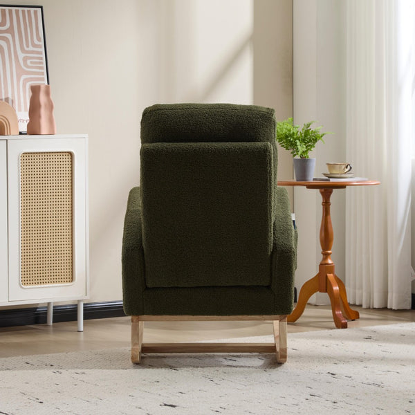 English Elm Modern Upholstered Glider Rocker with Teddy Fabric High Back and Rubberwood Base Green W3723P409071