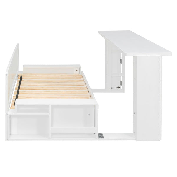 English Elm Queen Daybed with Hydraulic Desk Storage Drawers and Convertible Sofa for Small Spaces White LT000272AAK