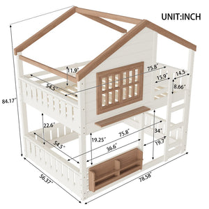 English Elm Full Bunk Bed with Trundle Bookshelf Storage Pine Frame Car Design for Kids Beige W1580S00523