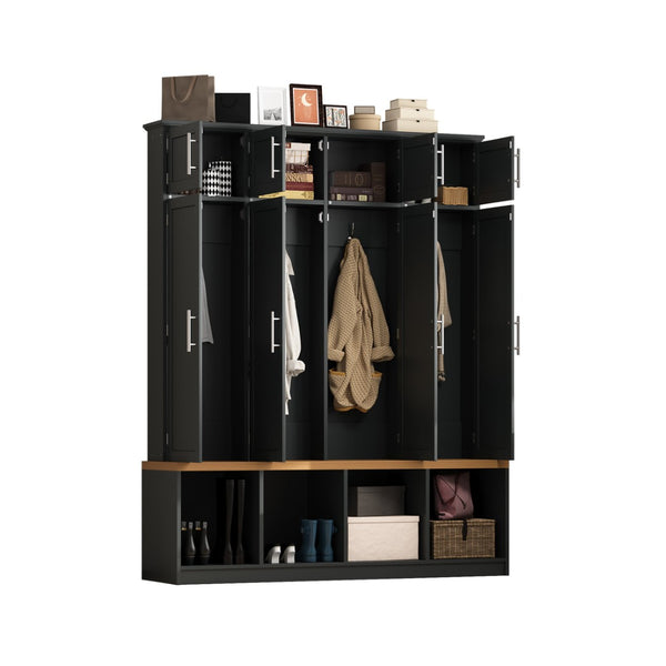 English Elm Wood Entryway Hall Tree with Bench Seating Coat Hooks Shoe Cubbies Cabinet Black W5271S00003