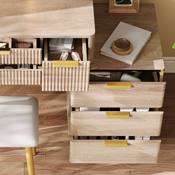 English Elm 7-Drawer LED Vanity Desk with Jewelry Organizer, Fluted Carved Design, PU Stool & Metal Legs W2700P369516