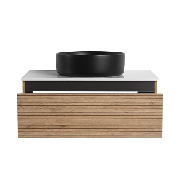 English Elm 30'' Floating Wall Mounted Vanity Hand Painted Ceramic Vessel Sink Soft Close Drawer W999S00360
