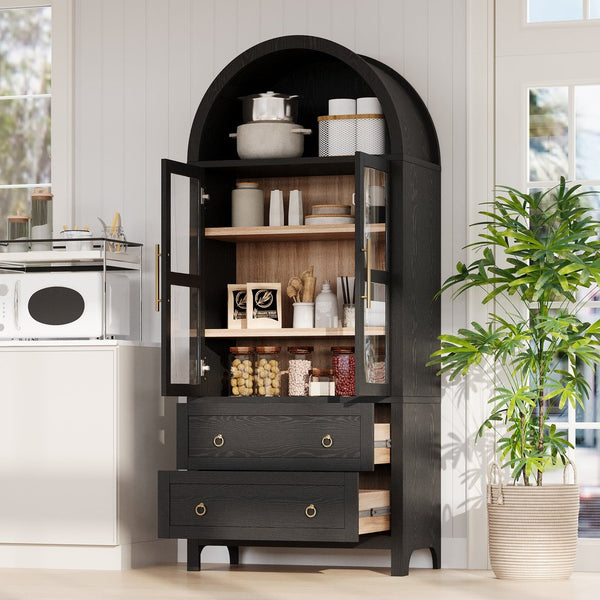 English Elm K&K 71" Arched Kitchen Pantry Cabinet with Glass Doors, Adjustable Shelves, Soft-Close Drawers Black N707P288972B