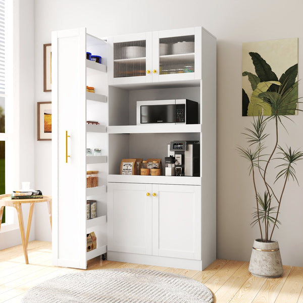 English Elm Kitchen Farmhouse Pantry Cabinet With Multi-Tier Pull-Out Shelves & 4 Doors For Organized Storage W331S00173