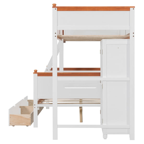 English Elm Twin Over Full Wooden Bunk Bed With Stylish Storage, Led Light, Drawers, And Wardrobe In White & Orange N820S00063K-GIGA