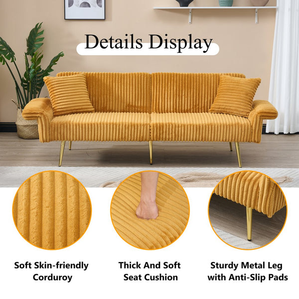 English Elm 79 Corduroy Sofa Bed Foldable Double Convertible Sleeper with Folding Armrests for Compact Living Rooms Yellow W2290P250581