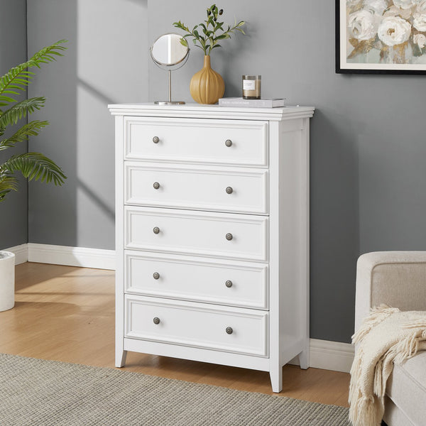 English Elm Modern 5 Drawers Dresser with Smooth Glide Drawers, Stylish Metal Handles & Unique Stable Feet Organizer for Bedroom and Living Room Storage (45.87"L x 20.08"W x 11.03"H) White W2275P149803