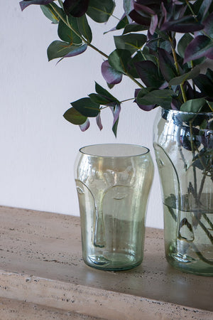 English Elm S/2 Handcrafted Green Glass Vases with Abstract Face Motifs, Round Open Silhouettes for Stylish Decor and Florals W2078P392202