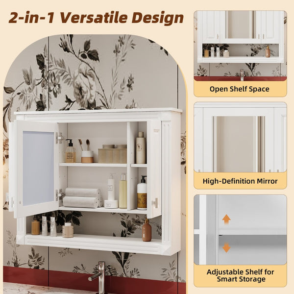 English Elm 35inch White Wall Mounted Medicine Cabinet Mirrored Doors Open Shelving Bathroom Storage N710P415335K