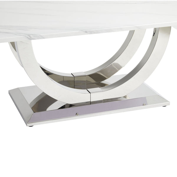 English Elm 50.4 Inch Rectangular Coffee Table Marble Mdf Top Sculptural Steel Arc Base Modern W3357P395502