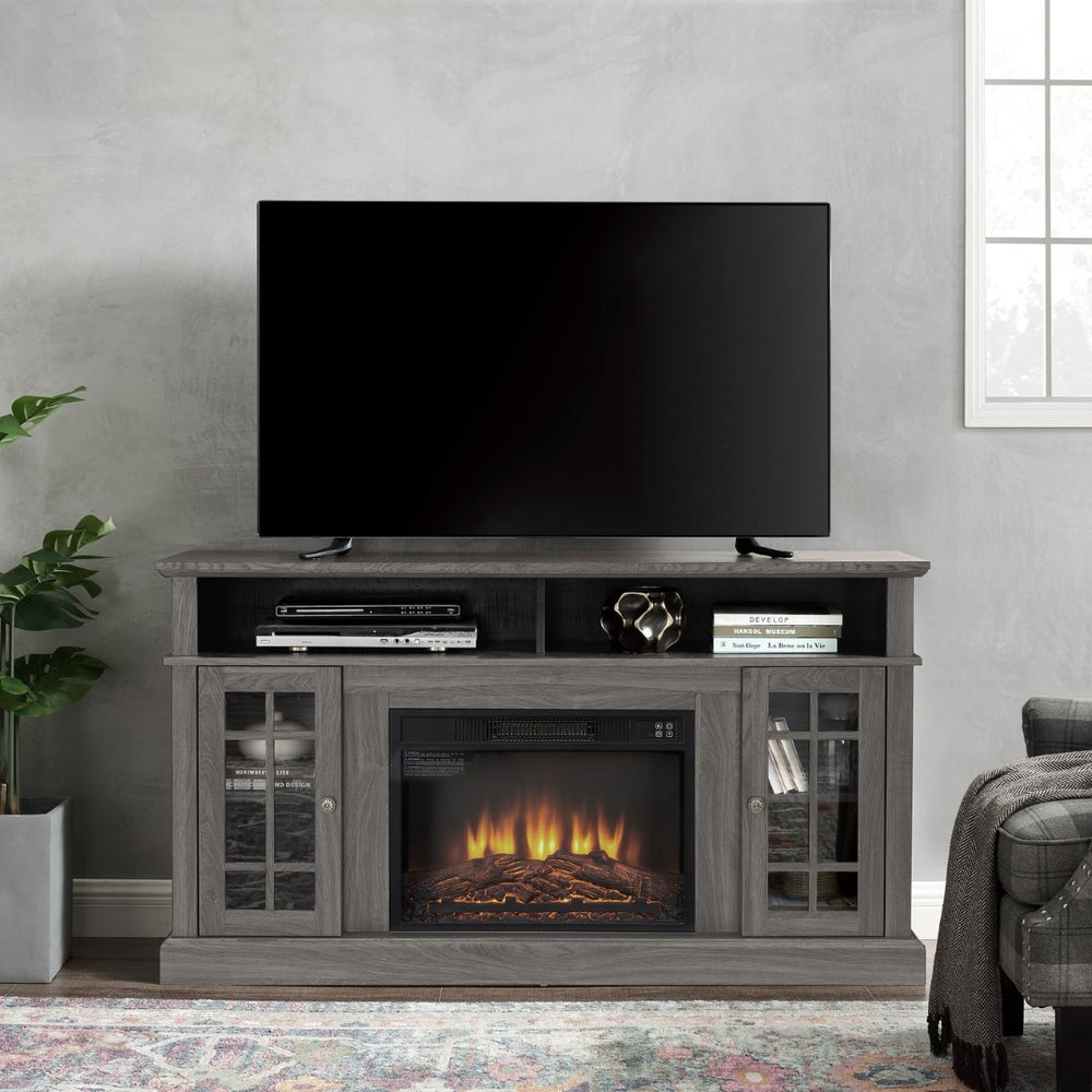 English Elm Classic Fireplace Entertainment Console with Glass Doors and Walnut Finish for Large Tvs W2275S00028