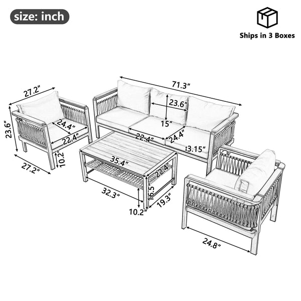English Elm 4 Pieces Outdoor Sectional Sofa Set with Water-Resistant Cushions, Woven Rope Detail & Acacia Table Beige N719Z000130A