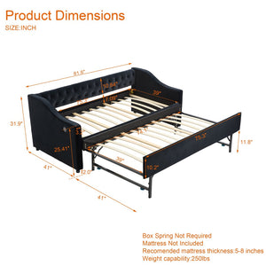 English Elm Twin Velvet Daybed with Pull Out Trundle Tufted Back Usb Port and Side Pockets Black W1361S00039