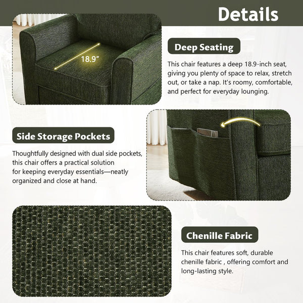 English Elm 360° Swivel Chair Accent Barrel Armchair with Chenille Upholstery, Deep Seat & Side Storage Pockets Green N719P283037F