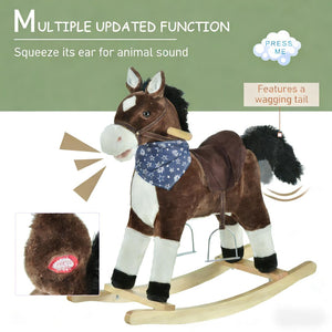 English Elm Ride-on Cowboy Rocking Horse with Plush Body Realistic Sounds and Wooden Base T3971P442347