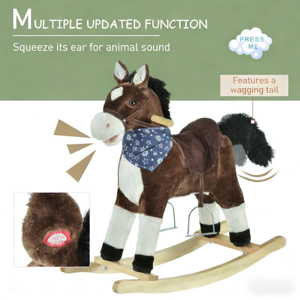 English Elm Ride-on Cowboy Rocking Horse with Plush Body Realistic Sounds and Wooden Base T3971P442347