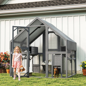 English Elm Cat, Outdoor Wood Enclosure Multi-level Shelter with Platforms Resting Boxes Waterproof Canopy W1598S00039