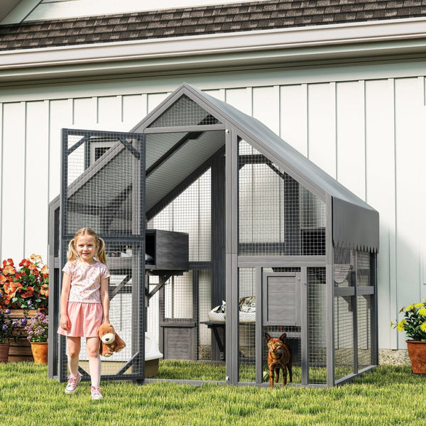English Elm Cat, Outdoor Wood Enclosure Multi-level Shelter with Platforms Resting Boxes Waterproof Canopy W1598S00039